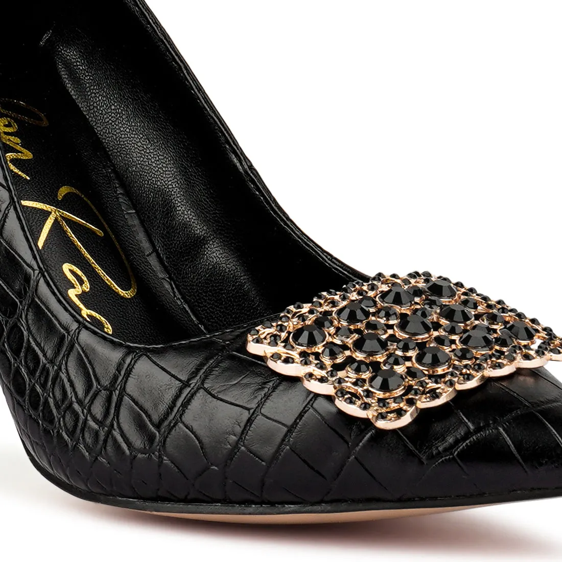 Black Stiletto Crystal Brooch Pumps
