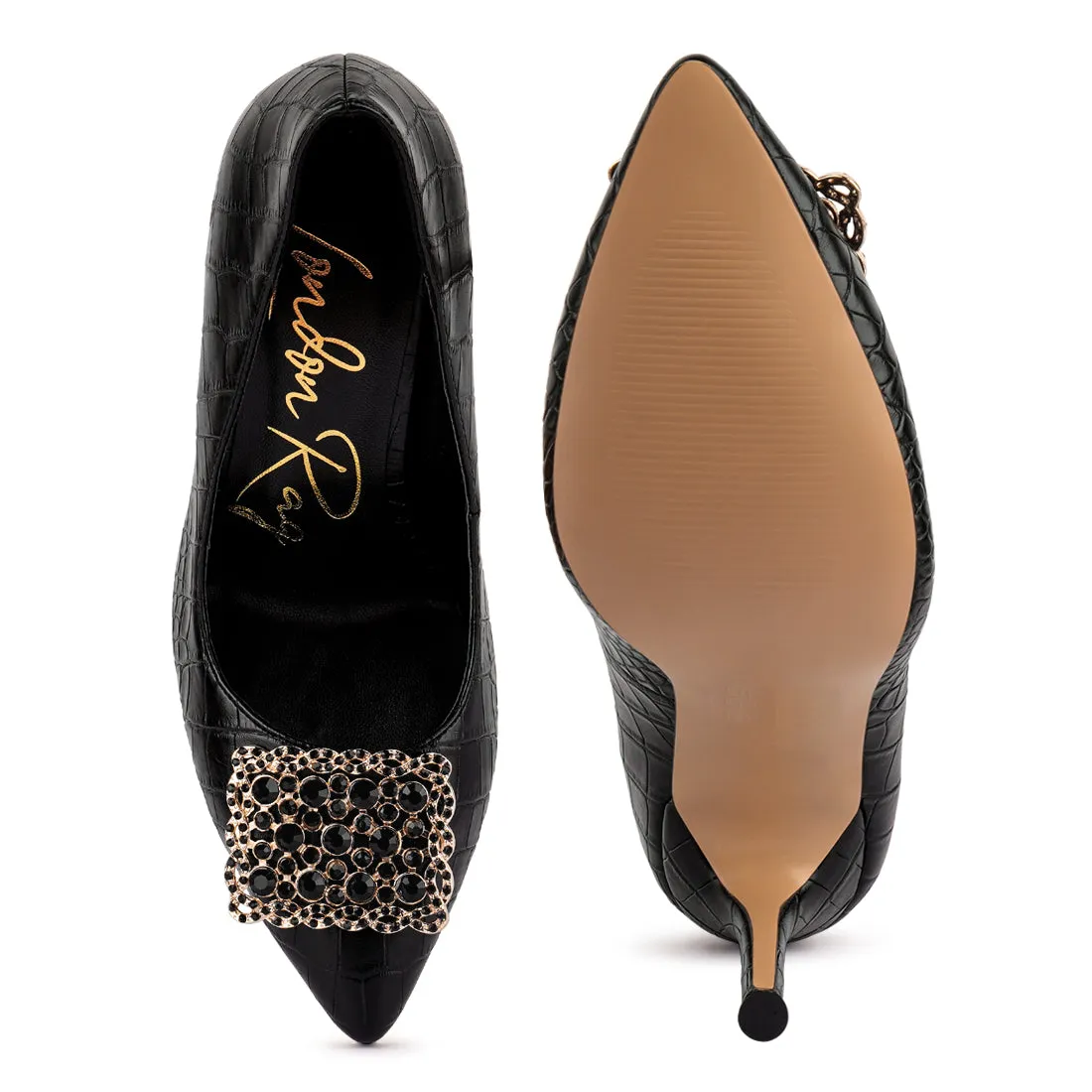 Black Stiletto Crystal Brooch Pumps