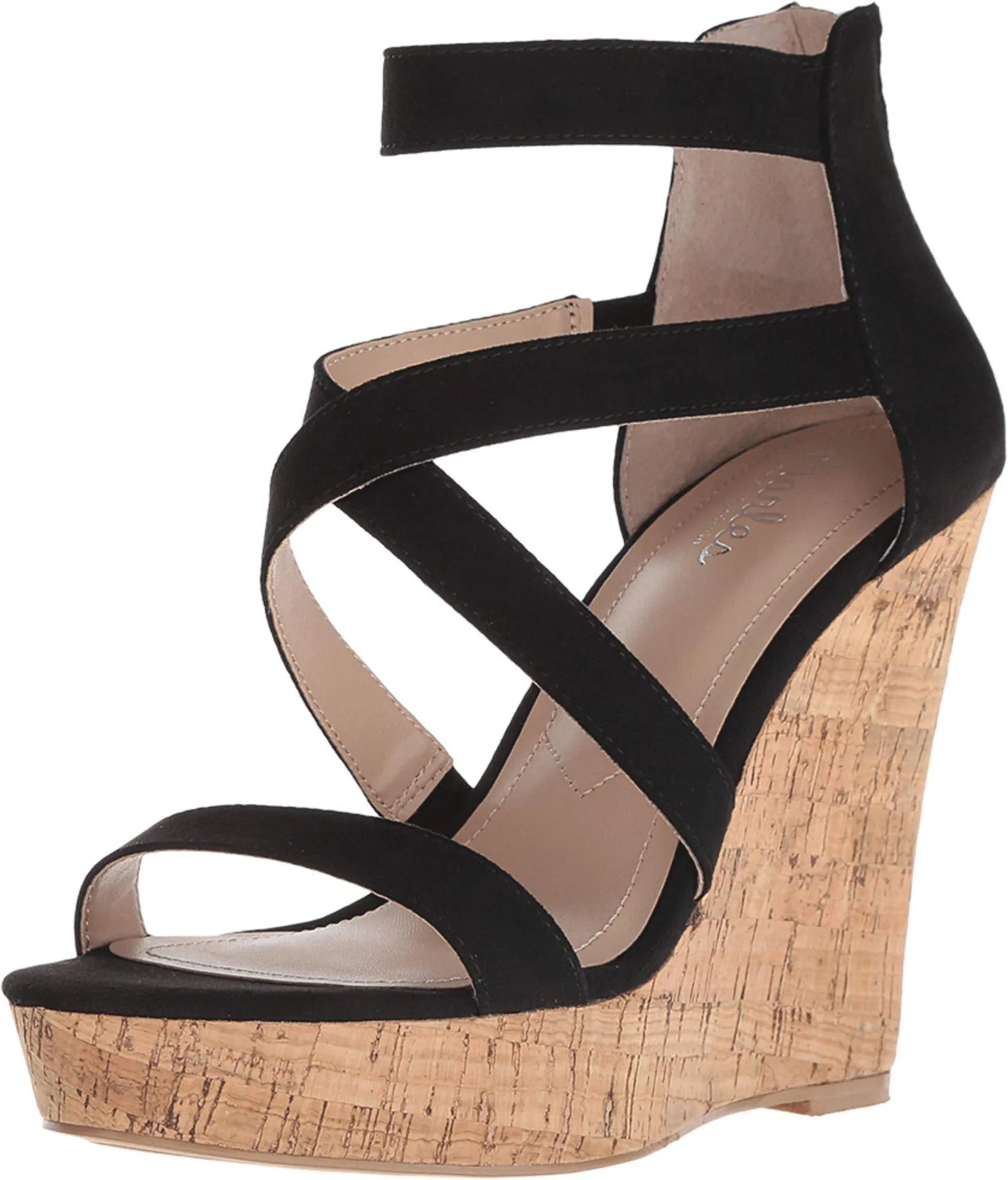 Charles David Alexa Black Microsuede Fashion Wedge High Heel Ankle Strap Sandals
