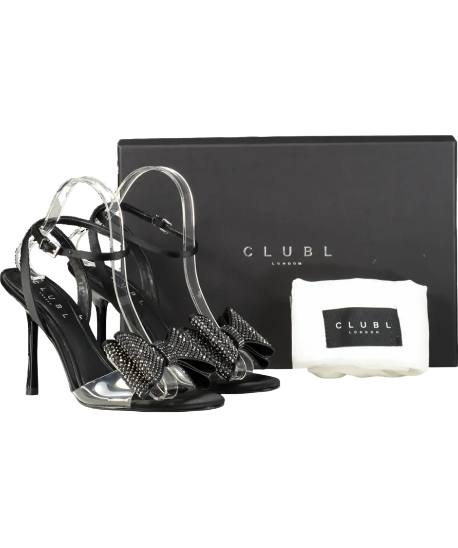 Club L Black Bowing Satin Heeled Sandals With Diamante Bows UK 6 EU 39 👠
