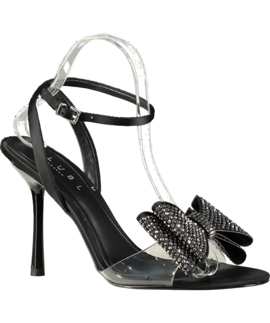 Club L Black Bowing Satin Heeled Sandals With Diamante Bows UK 6 EU 39 👠