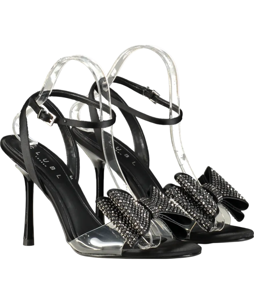 Club L Black Bowing Satin Heeled Sandals With Diamante Bows UK 6 EU 39 👠