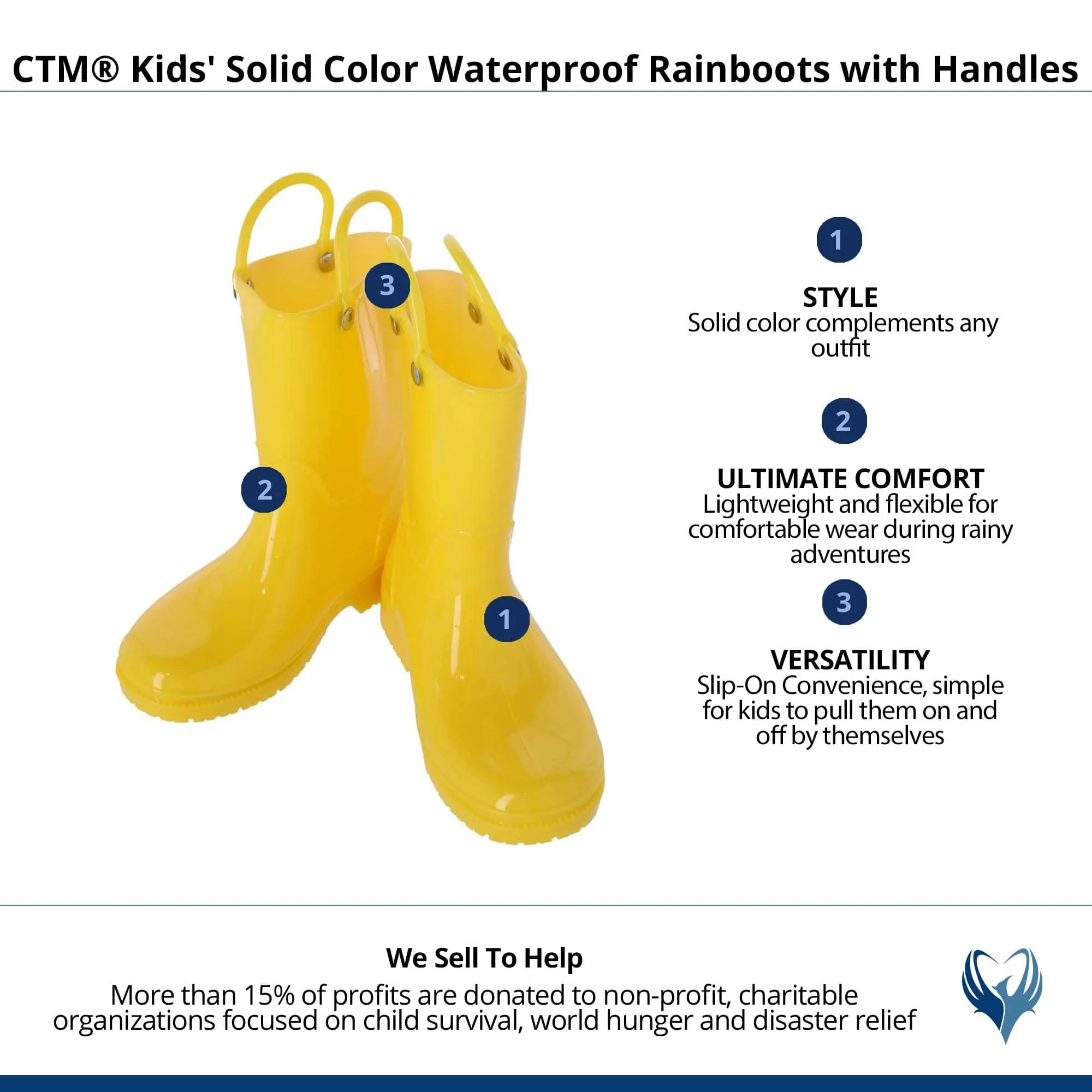CTM® Kids' Solid Color Waterproof Rainboots with Handles