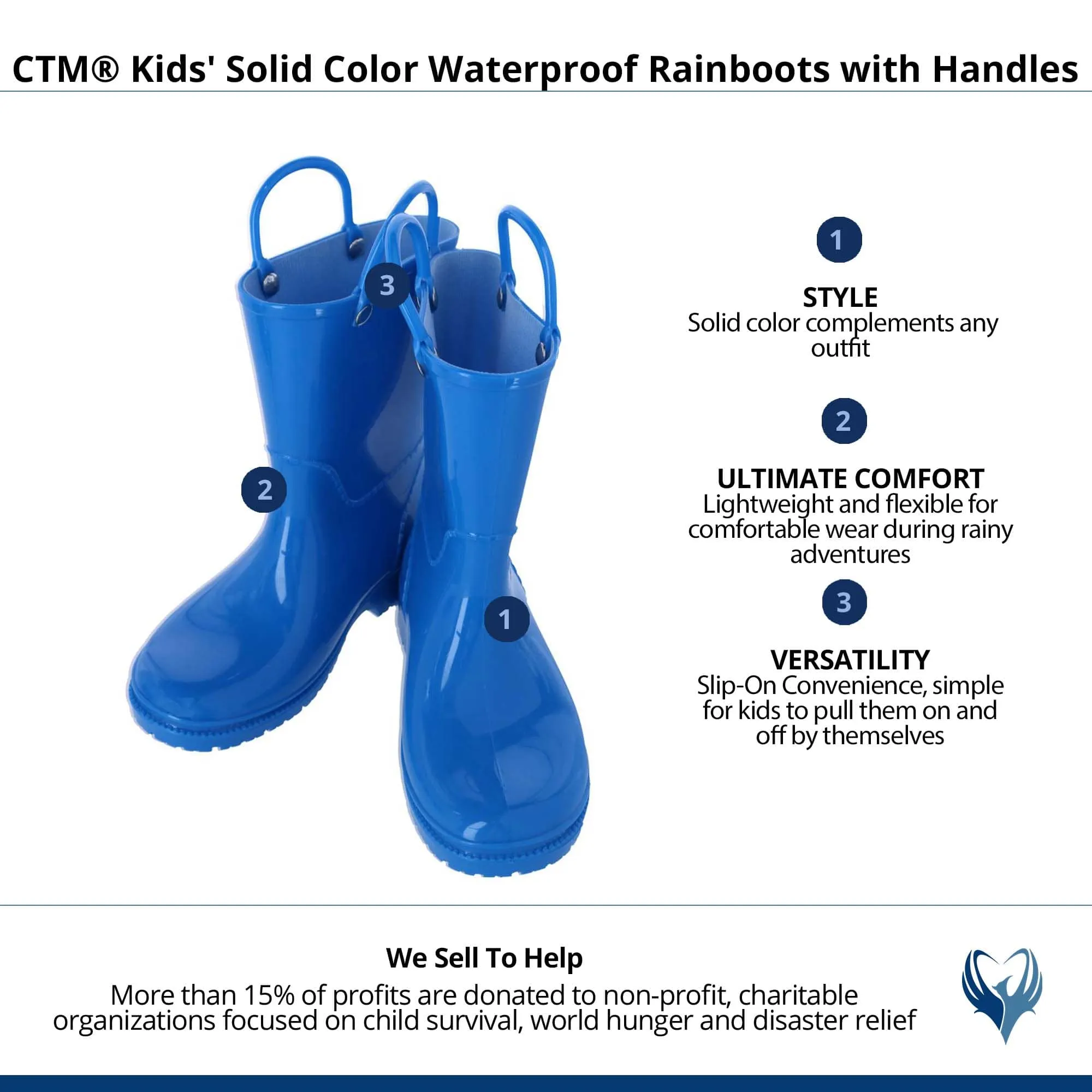CTM® Kids' Solid Color Waterproof Rainboots with Handles