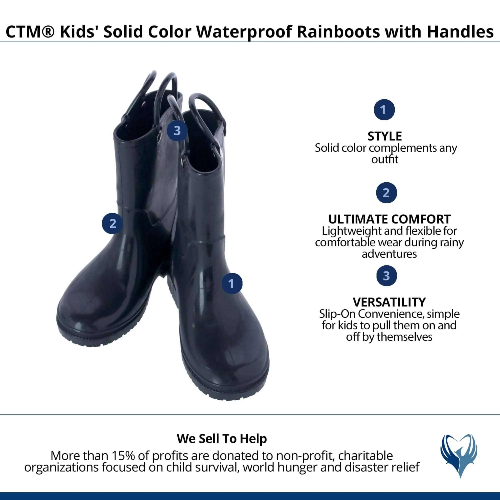 CTM® Kids' Solid Color Waterproof Rainboots with Handles
