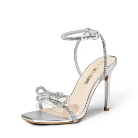 DREAM PAIRS Women's Double Bowknots Crystal Sandals Clear Slingback Heels Square Toe Shoes for Party Wedding Brielle,Size 11,Silver,SDHS2389W