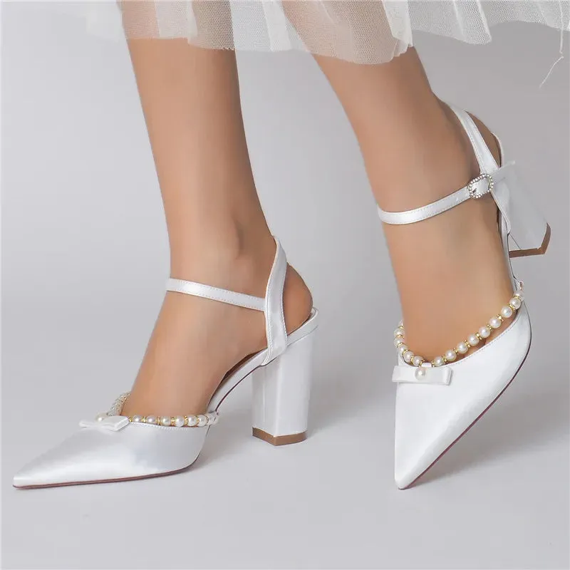 Funki Buys | Shoes | Women's Satin Pearl Wedding Block Heels