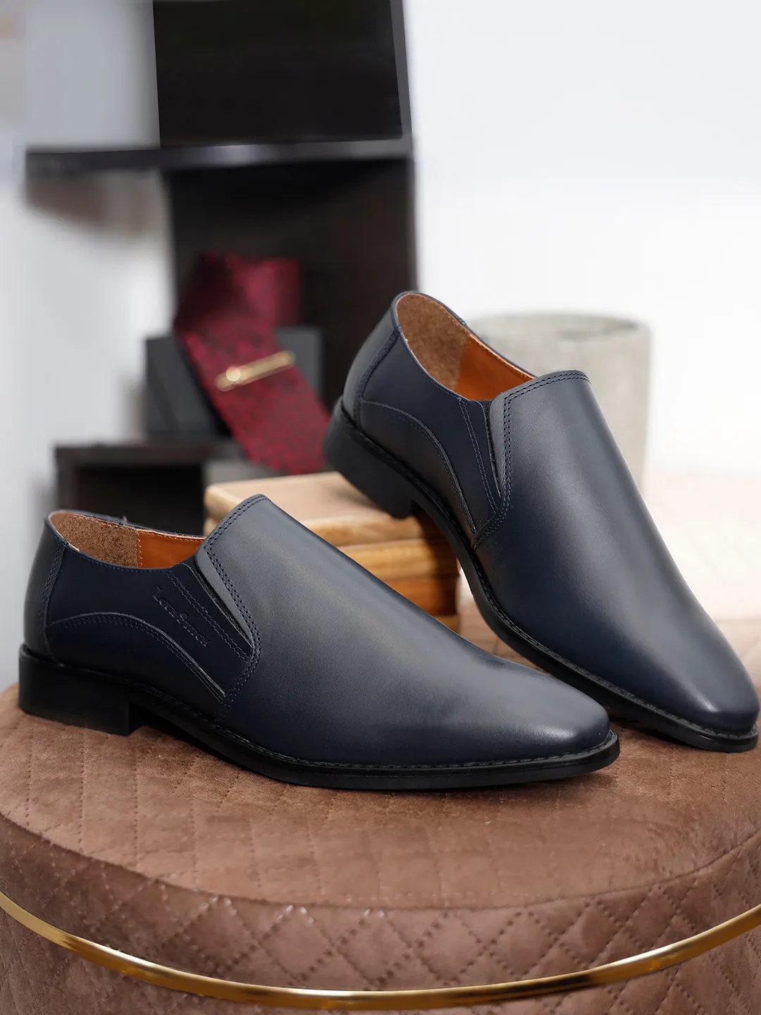 Handmade Italian Leather Formal Slipons Prussian Blue Shoes for Men