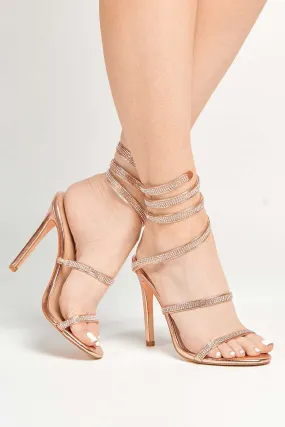 Hellena Diamante Embellished Women's Heeled Sandals in Rose Gold