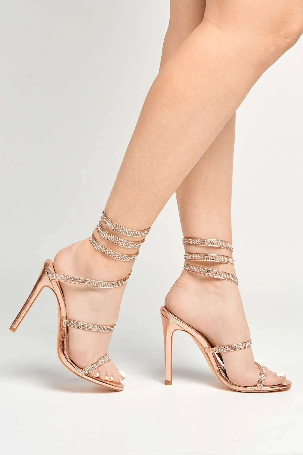 Hellena Diamante Embellished Women's Heeled Sandals in Rose Gold