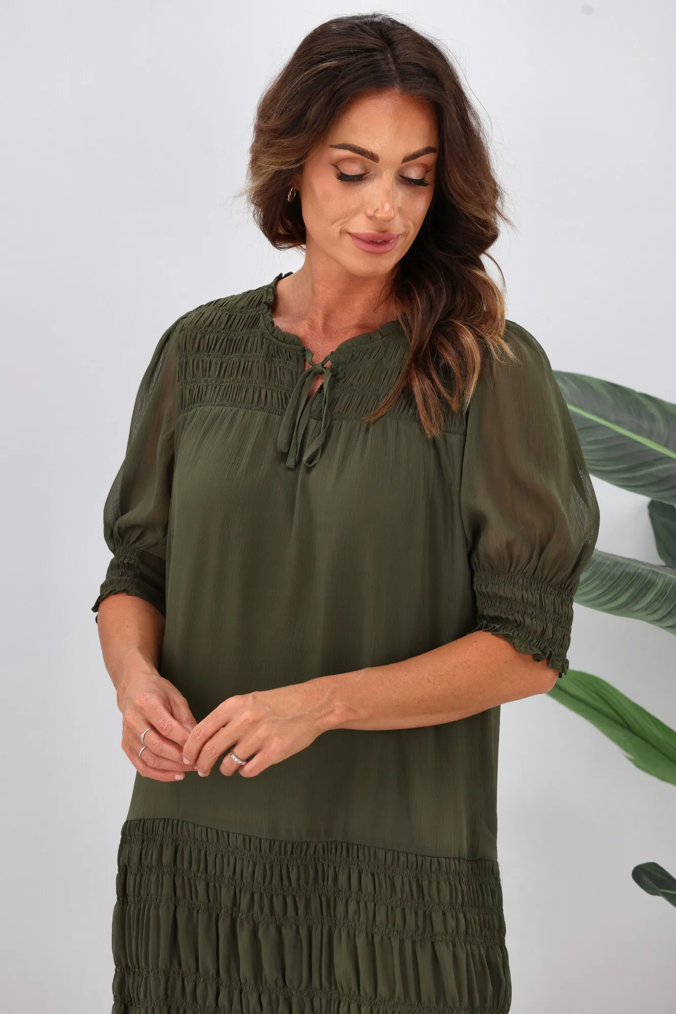 Jane James Vera Shirred Short Sleeve Dress Olive Preorder Late January