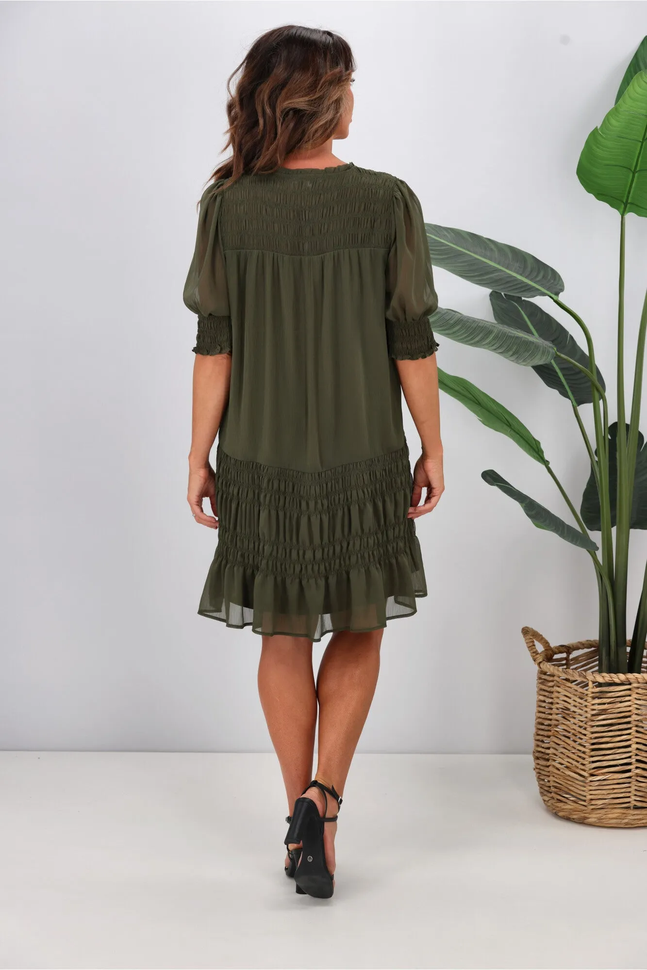 Jane James Vera Shirred Short Sleeve Dress Olive Preorder Late January
