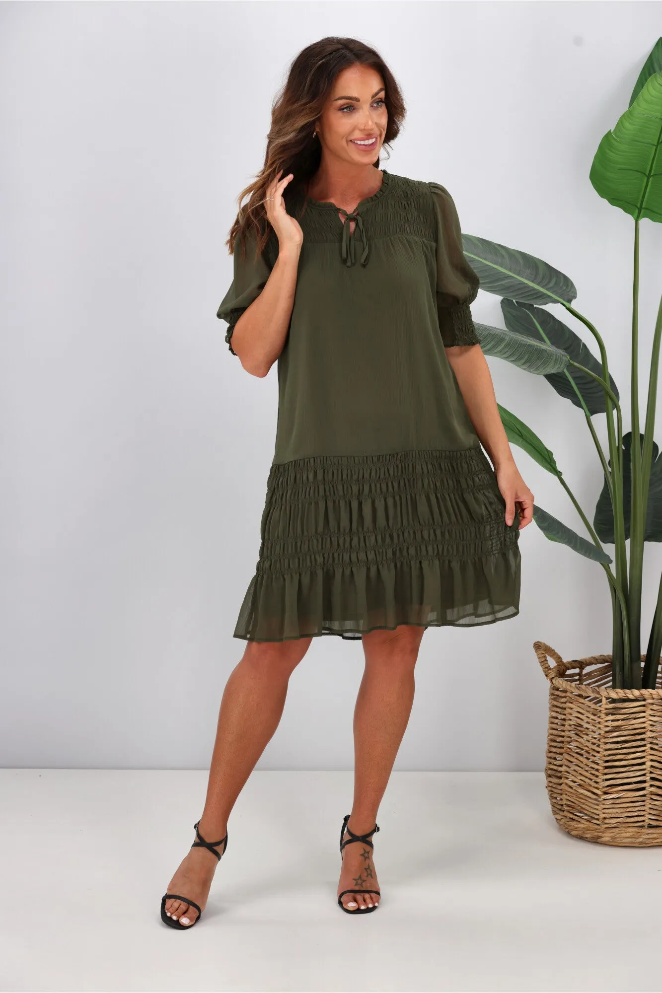 Jane James Vera Shirred Short Sleeve Dress Olive Preorder Late January