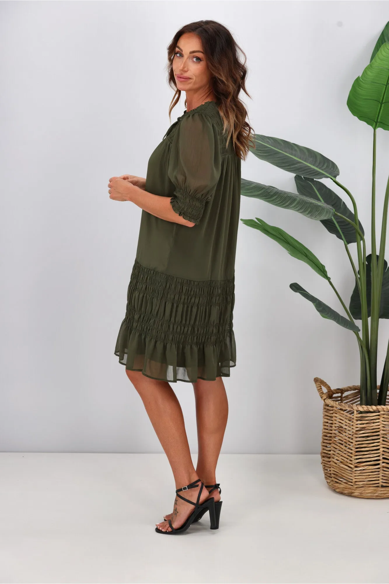 Jane James Vera Shirred Short Sleeve Dress Olive Preorder Late January