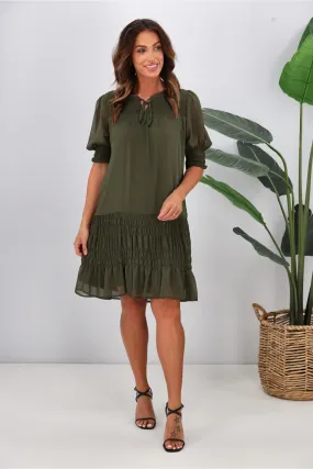 Jane James Vera Shirred Short Sleeve Dress Olive Preorder Late January