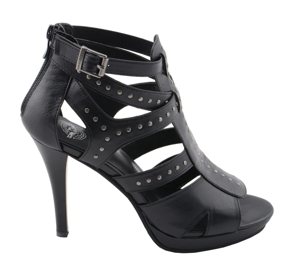 MBL9452 Women's Black Stiletto Heeled Sandals with Studded Ankle Straps