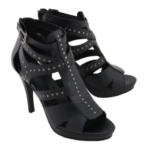 MBL9452 Women's Black Stiletto Heeled Sandals with Studded Ankle Straps