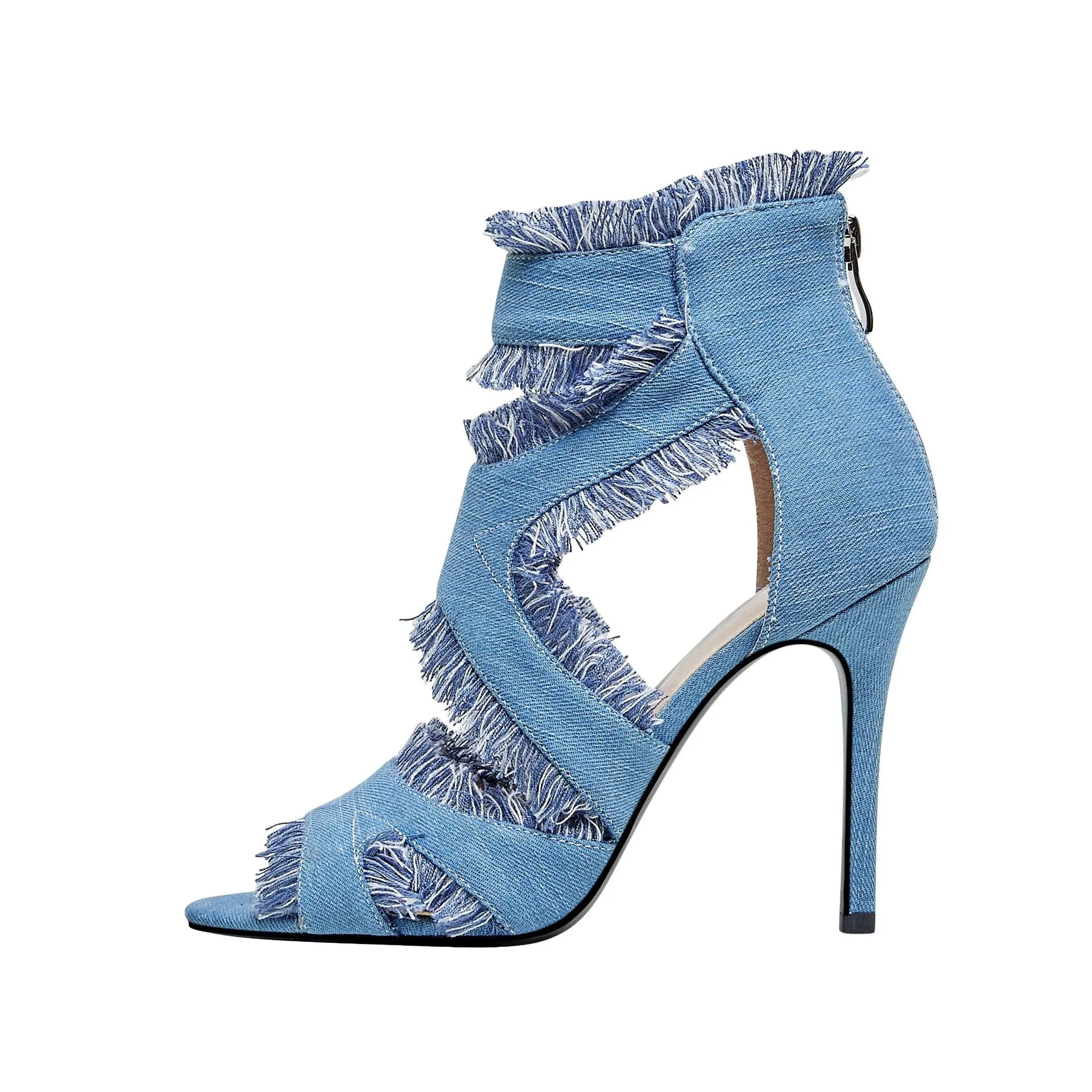 New Arrival Denim Fringe Stiletto Sandals