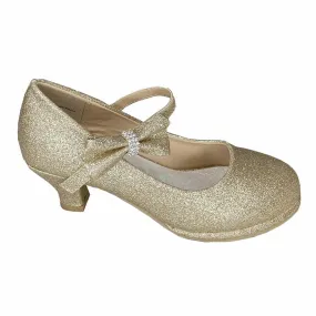 PEARL Gold Patent Dress Shoes with Heel , Ankle Strap and Side Bow (Junior Sizes 10 to 6)