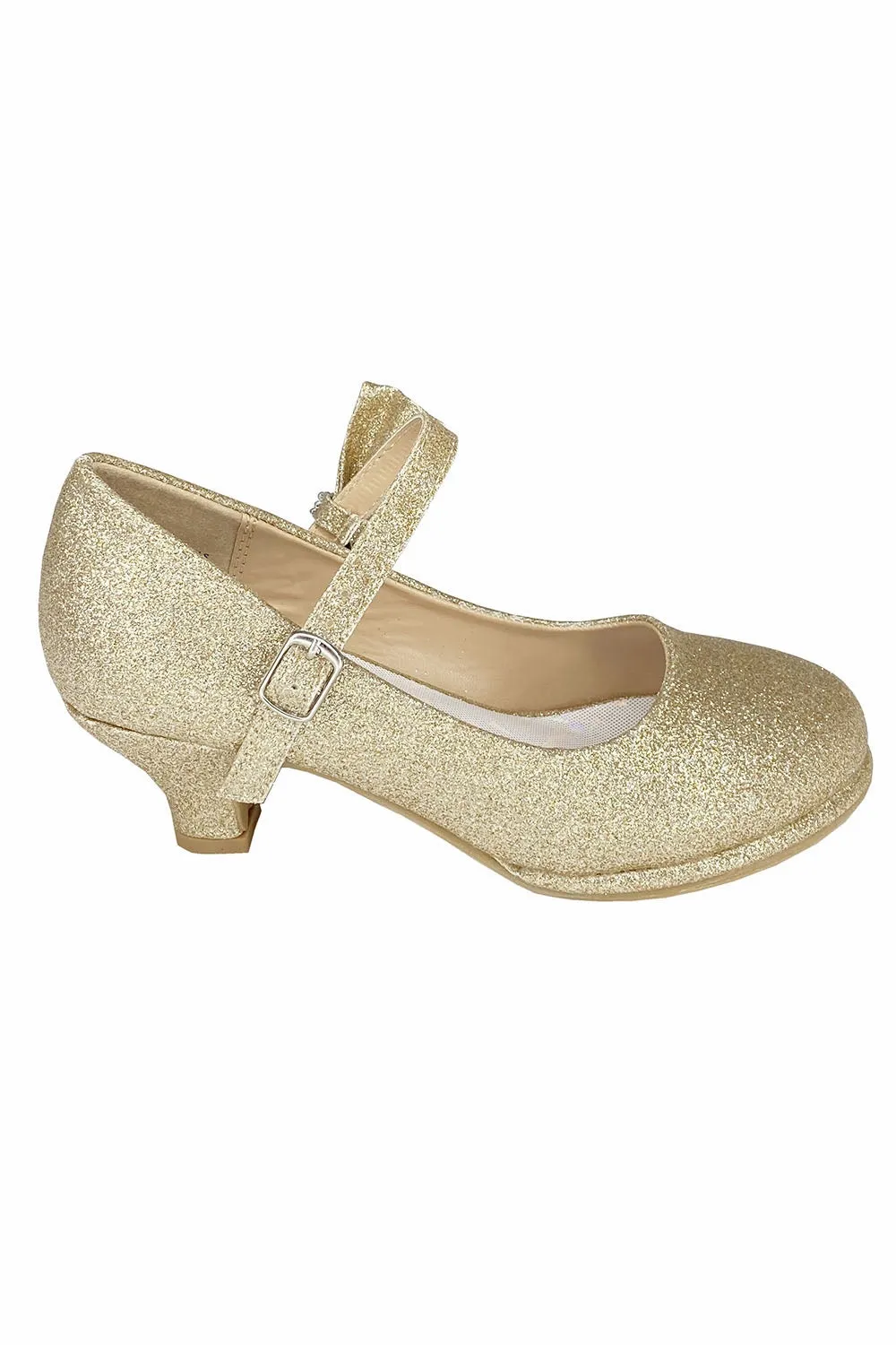 PEARL Gold Patent Dress Shoes with Heel , Ankle Strap and Side Bow (Junior Sizes 10 to 6)