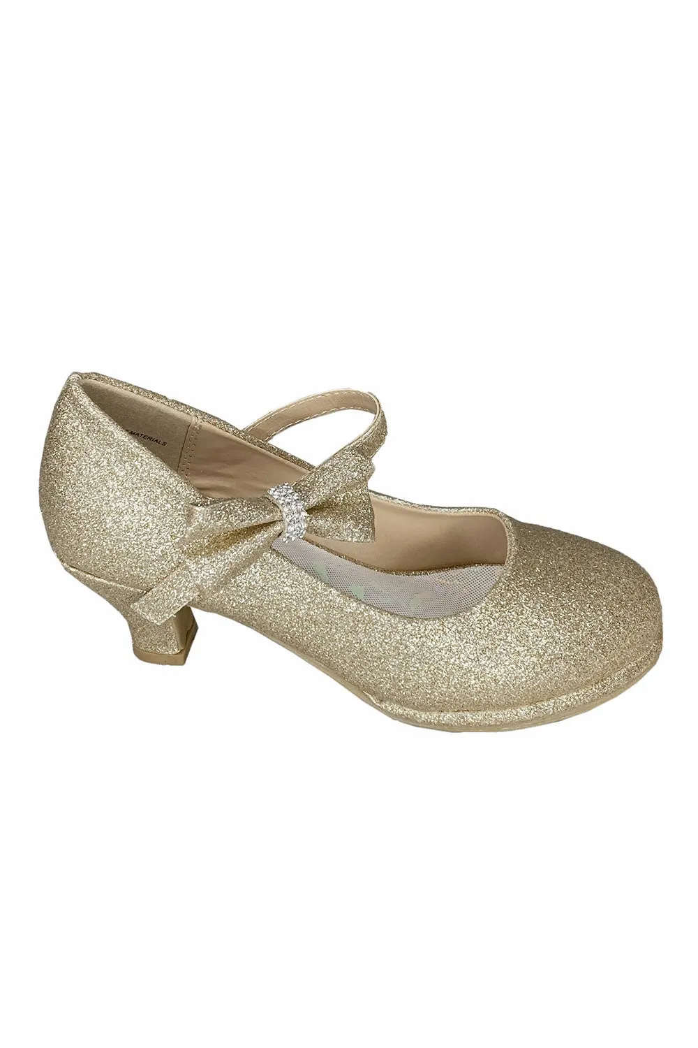 PEARL Gold Patent Dress Shoes with Heel , Ankle Strap and Side Bow (Junior Sizes 10 to 6)