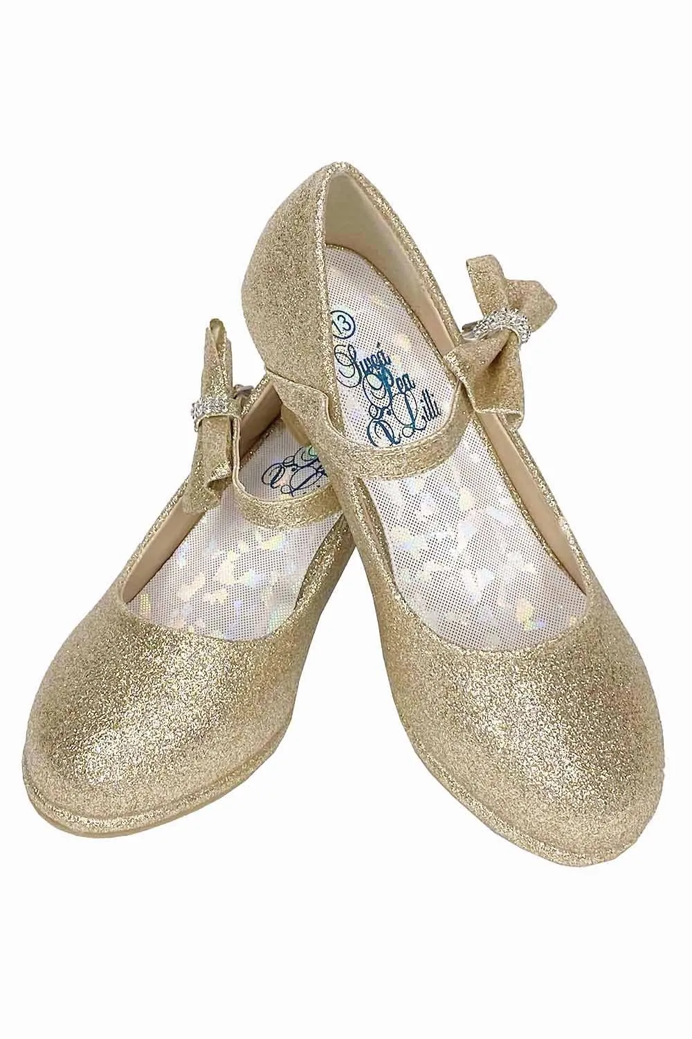 PEARL Gold Patent Dress Shoes with Heel , Ankle Strap and Side Bow (Junior Sizes 10 to 6)