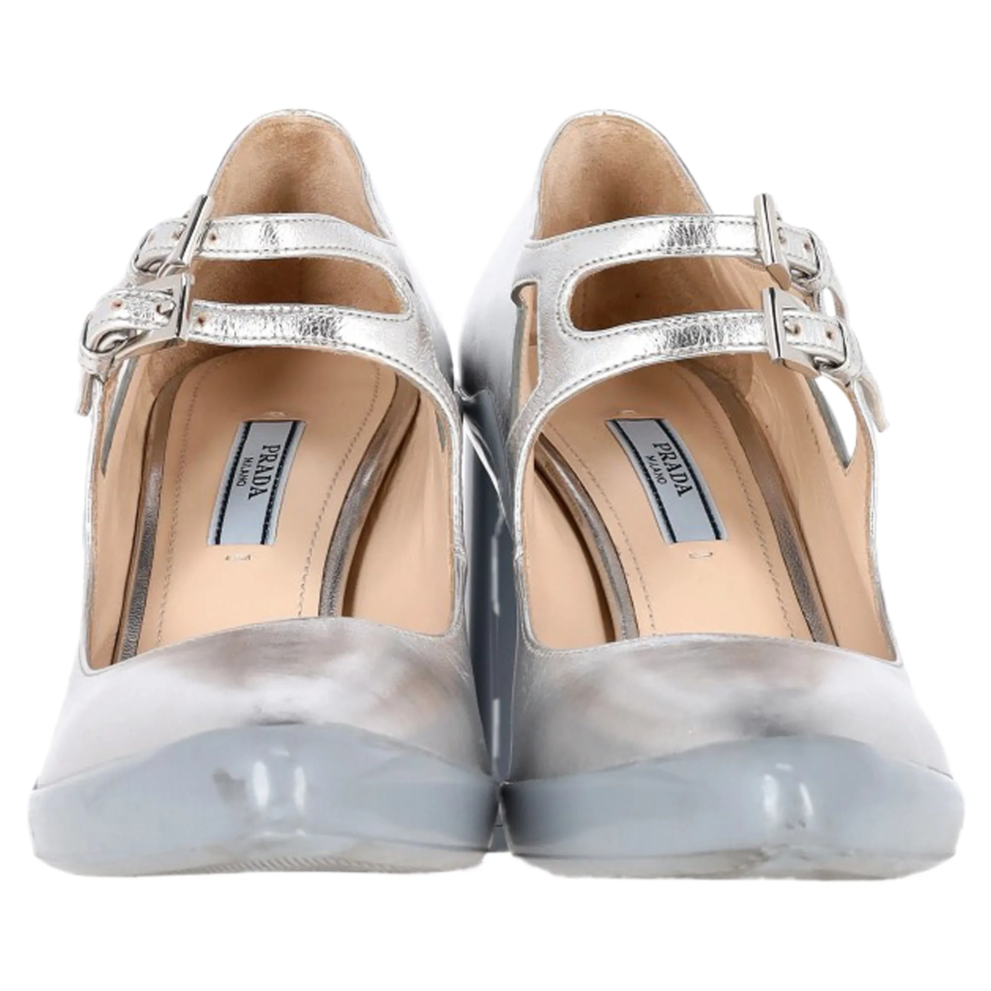 Prada Double Strap Mary Jane Block-Heeled Pumps in Silver Leather