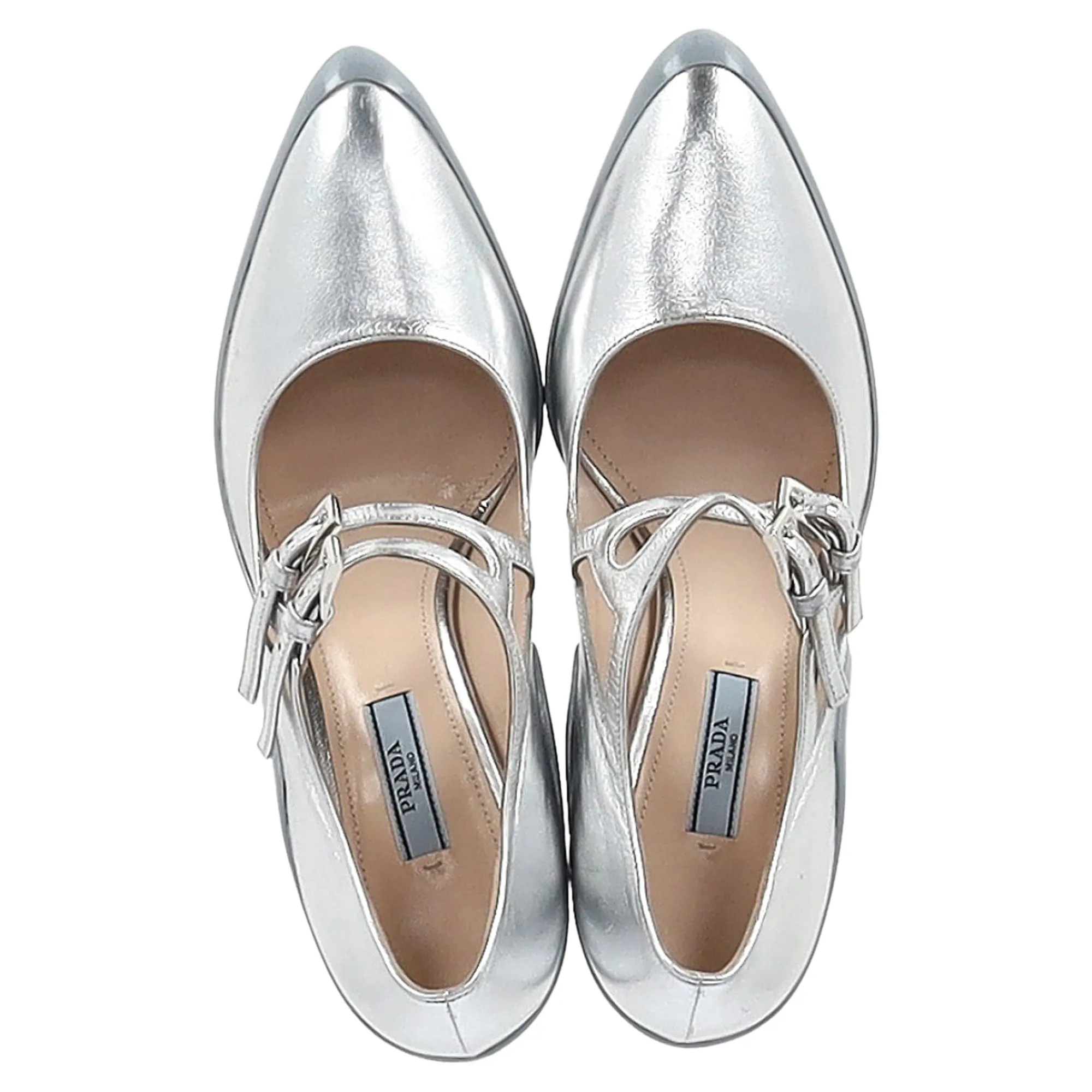 Prada Double Strap Mary Jane Block-Heeled Pumps in Silver Leather