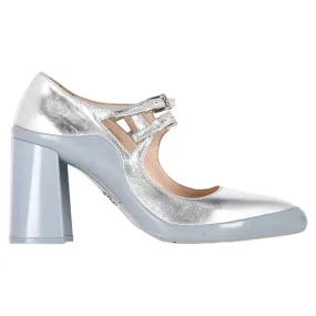 Prada Double Strap Mary Jane Block-Heeled Pumps in Silver Leather