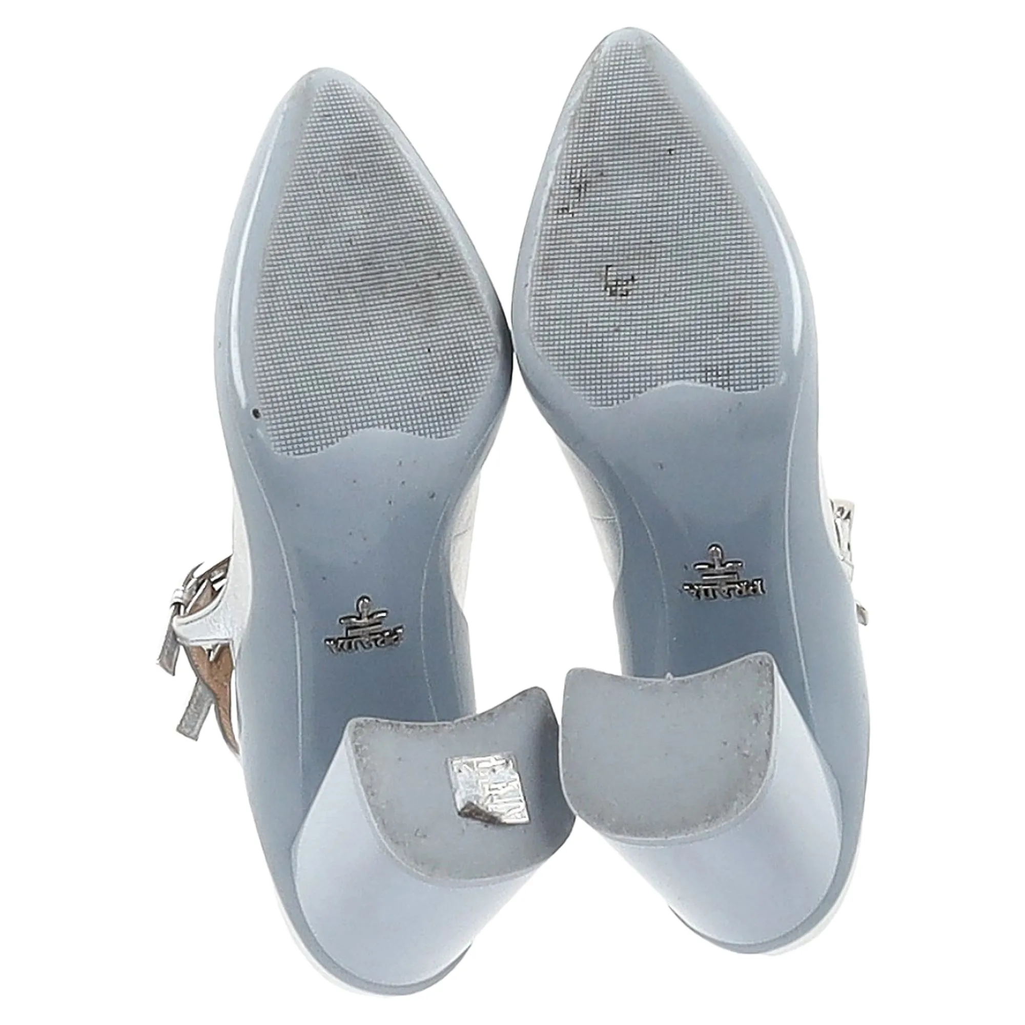 Prada Double Strap Mary Jane Block-Heeled Pumps in Silver Leather