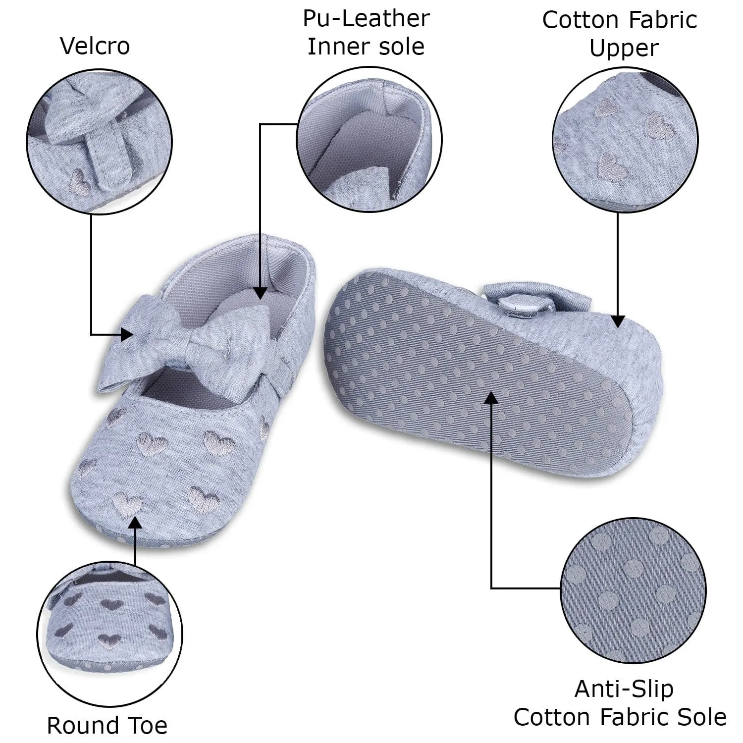 Princess Heart Premium Girls Anti-Slip Ballerina Booties - Grey