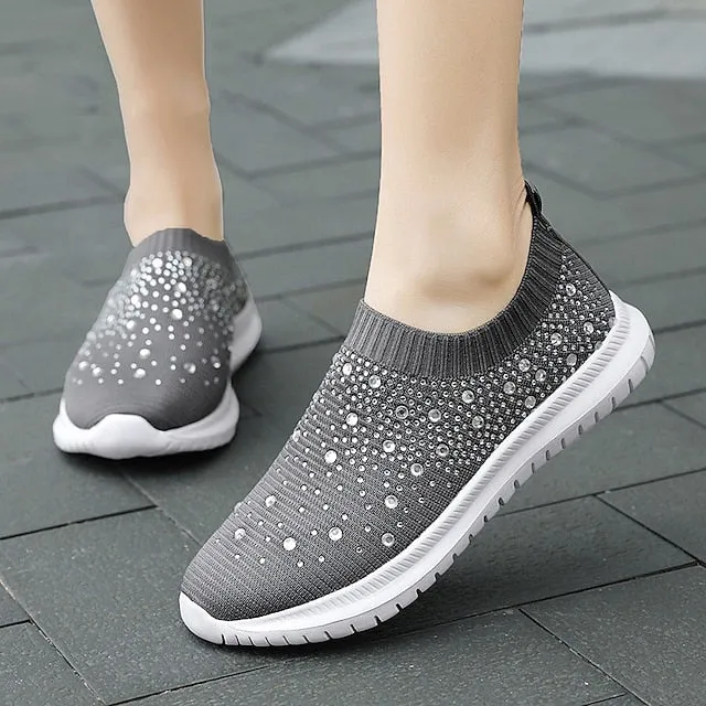 Purpdrank - Women's Sneakers Slip-Ons Plus Size Slip-on Sneakers Outdoor Daily Beach Summer Rhinestone Flat Heel Round Toe Classic Casual Walking Shoes Tissage Volant Loafer Color Block Rainebow Black White