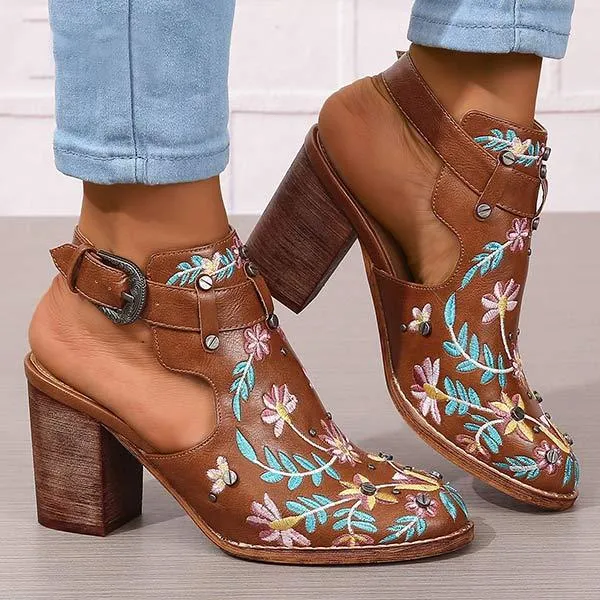 Women's Embroidered Rivet Chunky Heel High-Heeled Sandals 12238008C